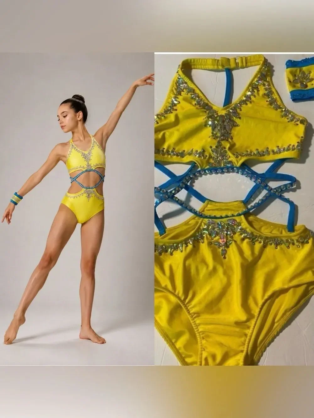 Custom Solo Dance Costume Yellow Blue Rhinestone Jazz Costume MA-Medium adult
